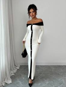 Elenzga Đầm Maxi Maxi Thanh Lịch, Dáng Rộng, Màu Khối, Hở Vai, Dệt Kim Gân, Thời Trang Dự Tiệc Thu/Đông 25-30+ Cho Nữ - Màu be - Xem 5