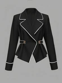 GlowEve 女士优雅撞色饰边腰带西装外套，简约杏色，高品质通勤风格，纯色百搭长袖夹克 - 黑色 - 查看 3