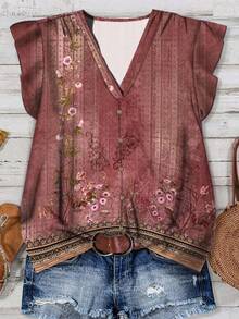 Rusticease 休闲复古碎花图案V领女式衬衫，适合夏季穿着，时尚百搭。 - 紅木色 - 查看 6