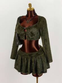 Amplova Plus Size Minimalist Solid Color Fluffy Cardigan And Mini Skirt Set - Army Green - View 4
