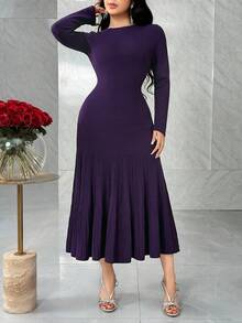 Feyla Women's Solid Color Round Neck Long Sleeve Fishtail Hem Fitted Elegant Knit Dress, Autumn - Purple - View 3