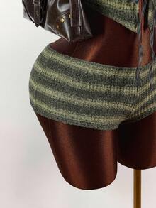 Amplova 复古野绿色梅拉德针织短款露背背心和超短短裤两件套，秋季 - 彩色 - 查看 6