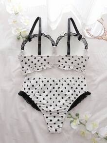 2pcs Plus Size Bra Set With Molded Cup, Underwire, Mesh Inset, Ruffle Trim, Bow Accent, Lift & Enhance, Polka Dot Pattern  Cozy And Elegant Details