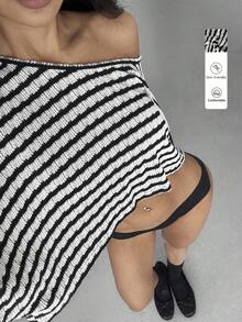 SHEIN MOOSTA 女士休闲宽松条纹不对称肩部短款蝙蝠袖T恤 - 黑與白 - 查看 1