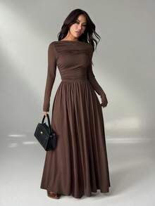 SHEIN PETITE 女式纯色修身长袖连衣裙，韩版风格 - 棕色 - 查看 5