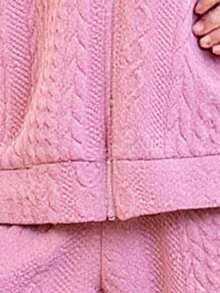 SHEIN 青少年女孩泰迪羊毛提花连帽拉链夹克和宽松长裤两件套 - 卡其色 - 查看 10