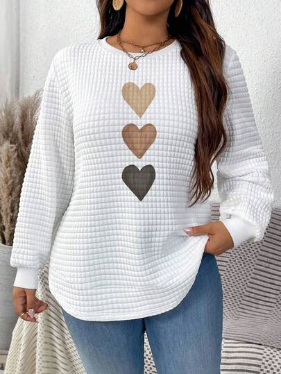 EMERY ROSE Casual Minimalist Brown Hand-Painted Heart Graphic Print Round Neck Plaid Comfortable White Sweatshirt With Curved Hemline Side Slit Design, Suitable For Autumn/Winter,Fall