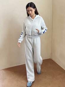 少女休闲街头风格字母印花连帽衫和运动裤套装，秋冬 - 灰色 - 查看 5