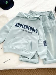 Genkimix Kids Ensemble de 2 pièces pour la rentrée scolaire pour garçons de 4 à 7 ans : Top imprimé de lettres et jean en denim - Bleu azur - Voir 1