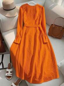 GlowEve Đầm dài vừa phải cài nút phía trước màu trơn thường ngày dành cho nữ - trái cam - Xem 2