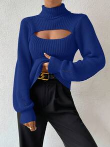 SHEIN x Carly Lawrence SHEIN Allurite 女士纯色镂空高领长袖套头衫 - 藍色 - 查看 3