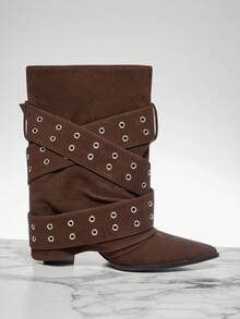 Solezae 女士性感尖头粗跟仿麂皮扣饰时尚中筒靴 - 巧克力棕 - 查看 7