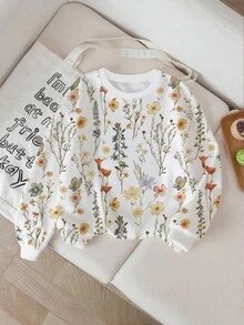 青少年女孩花卉印花圆领运动衫，百搭款式，适合秋冬季，白色圆领休闲套头衫 - 彩色 - 查看 3