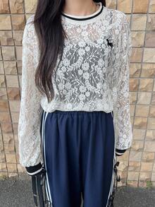 FRIFUL Women's Beige Contrast Color Sheer Embroidery Pattern Loose Casual Versatile Blouse, Suitable For Outings, Autumn - Apricot - View 6