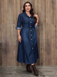 EMERY ROSE Plus Size Women Elegant Belted Denim Dress