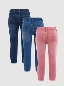 SHEIN 年轻女孩纯色紧身口袋休闲百搭牛仔裤 - 粉色 - 查看 2