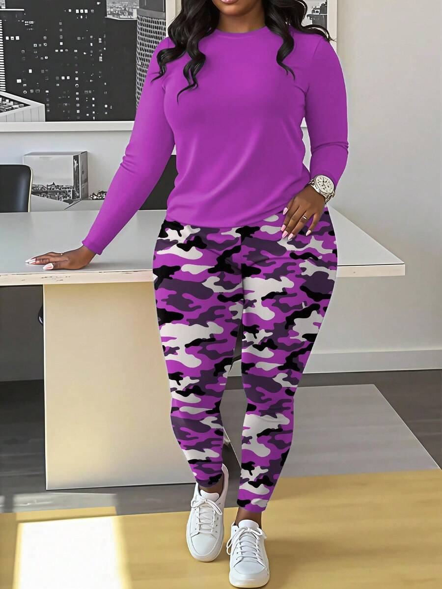 Maweii 2 件套纯色迷彩圆领长袖打底裤，加大码 - 彩色 - 查看 1