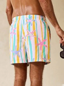 Manfinity Swimmode Men's Starfish Striped Drawstring Waist Pocket Beach Shorts - Multicolor - View 2