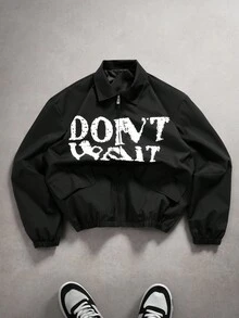 PAVTROS 男士休闲标语印花夹克，秋季 - 黑色 - 查看 3