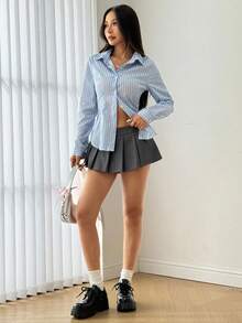 SHEIN Unity Áo sơ mi nữ tay dài màu xanh sọc eo đơn giản mùa xuân và mùa hè - Màu xanh lam - Xem 5