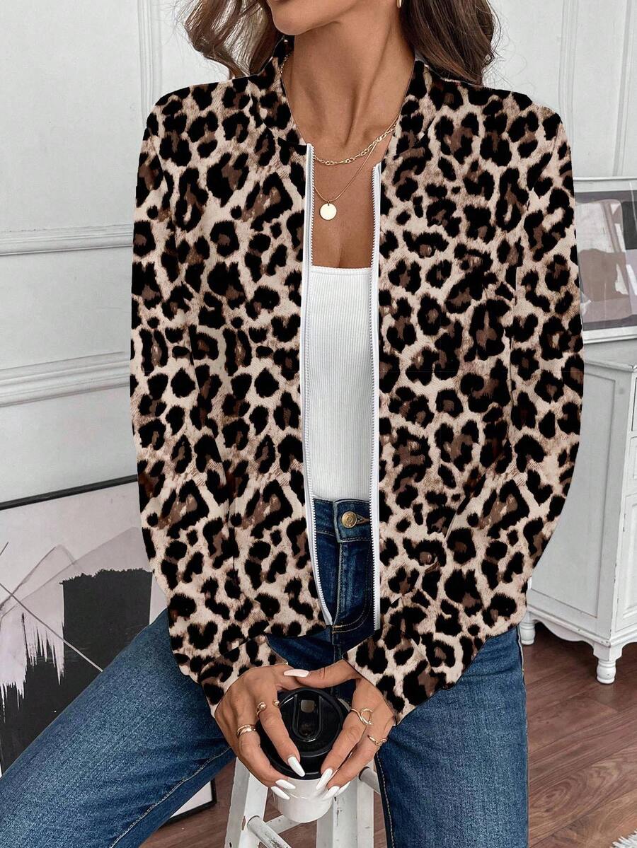 SHEIN LUNE Damska kurtka z nadrukiem w panterkę, zapinana na zamek, idealna na jesień/zimę