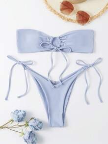 Oceva Summer Beach Self Tie Bandeau High Cut Bikini - Lilac Purple - View 3