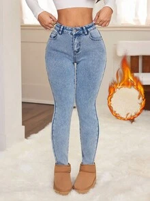 SHEIN PETITE 女式秋冬口袋保暖内衬紧身休闲牛仔裤 - 淺色水洗藍 - 查看 2