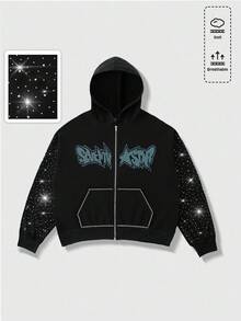 ROMWE MEN Street Life Men's Fashion Sparkling Diamond Zipper Hoodie, Fall - Black - View 1