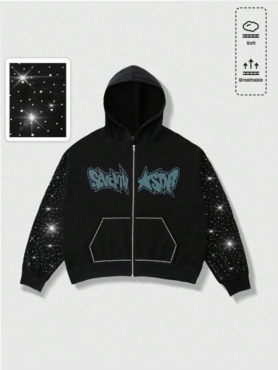 Street Life Sudadera con capucha con cremallera y diamantes brillantes de moda para hombre, otoño