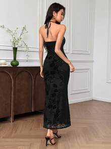 EastFlair Women's Floral Print Hollow Design Mermaid Hem Fitted Elegant Dress Halter Neck Elegant Dress  Dress For Wedding Guest   , Wedding Guest Dress Elegant  Wedding Guest Dress Women   Fall Clothes For Women  Christmas Women's Clothing Black Elegant Dress Women Elegant Midi Dress - Black - View 6