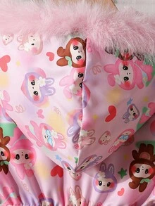 SHEIN Winter New Cute Cartoon Pattern Young Girl Thermal Lined Thick Hooded Jacket With Waist Cinch Fall Kids Coats Girls Girl Kids Winter Jacket - Pink - View 7
