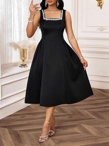 SHEIN Lady Đầm nữ cổ vuông thanh lịch không tay đính đá Rhinestone - màu đen - Xem 7