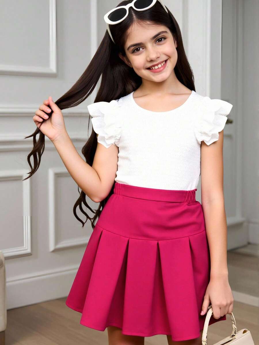 SHEIN 2pcs Tween Girl's Textured Top With Ruffle Sleeves And Pleated Skirt Set - Hot Pink - View 1