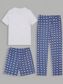 RueChic 3pcs Men's Plaid Pocket T-Shirt, Shorts, And Pants Pajama Set - Grey - View 2
