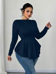 Elenzga 大码女式春秋季露肩长袖收腰A字休闲舒适简约蓝绿色T恤上衣，女士休闲衬衫 - 藏蓝色 - 查看 3