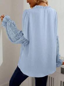 EMERY ROSE Frill Trim V-Neck Puff Sleeve Embroidered Chiffon Blouse Fall Cloth For Women Swiss Dot Blouse Puff Sleeve Blouse Baby Blue Top Lantern Sleeve Blouse Light Blue Blouse - Baby Blue - View 2