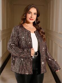 SHEIN Clasi Áo khoác nữ cổ tròn rộng rãi, đính sequin vàng sáng bóng, thanh lịch và thời trang cho các bữa tiệc và buổi tụ họp vào mùa thu/đông - Vàng - Xem 3