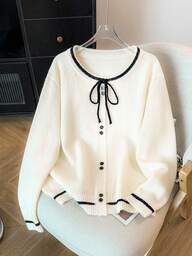 GlowEve CURVE Plus Size Women's Colorblock Bow Front Button Cardigan Fall Winter Cloth For Women Autumn