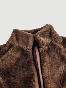 SHEIN MOD Minimalist Fashion Solid Color Faux Fur Short Stand Collar Jacket In Fall/Winter - Mocha Brown - View 3