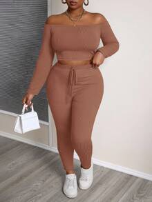 Slaydiva Conjunto de 2 piezas de top corto de hombros descubiertos y leggings ajustados de unicolor en talla grande, de tela acanalada con textura, casual y deportivo, para primavera/otoño - Marrón - Ver 5