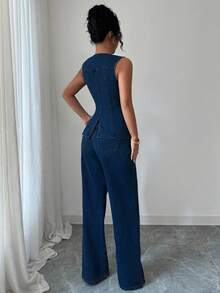 Elenzga Women's Denim Sleeveless Button Waist Vest And Pants Set - Dark Wash - View 2