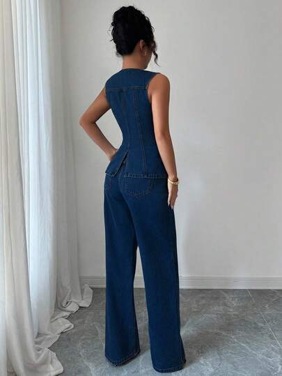 Elenzga Women's Denim Sleeveless Button Waist Vest And Pants Set