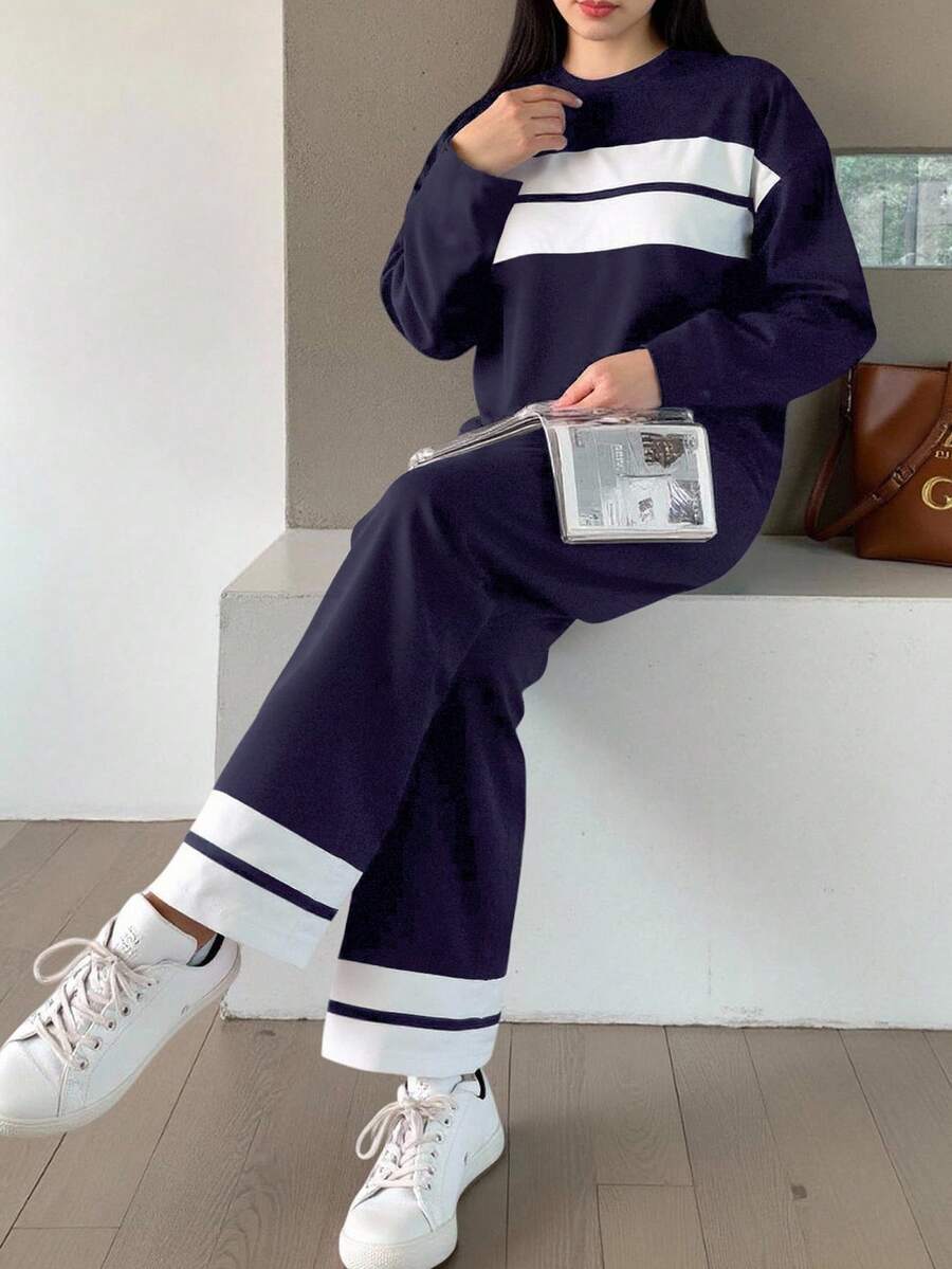 SHEIN 青少年女孩蓝白撞色针织纯色拼接丝带落肩长袖 T 恤长裤学院休闲两件套西装/返校/情人节童装/情人节/春夏秋冬服装 - 藏蓝色 - 查看 1