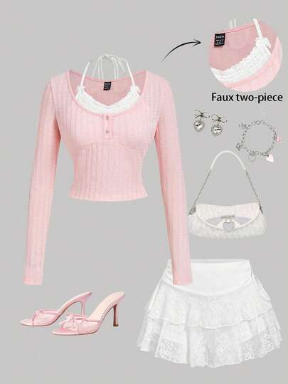 SHEIN MOD Camiseta rosa de manga larga con empalme de color contrastante, tops casuales, tops estilo preppy, tops lindos para mujer, tops con ribete de encaje, tops acanalados