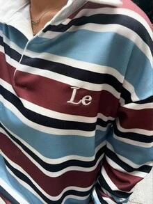 Jouncy Polo Collar Striped Print Long Sleeve Loose T-Shirt For Women - Multicolor - View 4