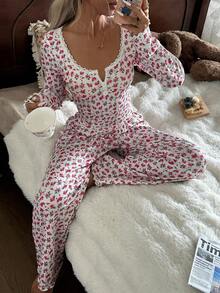 CottageSlumber CottageSlumber Lace Trim Square Neck 2-Button Romantic Ditsy Floral Long Sleeve Pajama Set, Fall Clothes Women Pajama Set Rose Pajama Set Floral Pajama Set Pajamas Set Two Pieces Lounge Wear Set Women  Cozy And Elegant Details