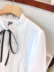 GlowEve CURVE Plus Size Women Long Sleeve Small Stand Collar Striped Casual Solid Color Ruffle Cuff Fashion Shirt, Suitable For Daily Commute Fall Cloth For Women - White - View 3