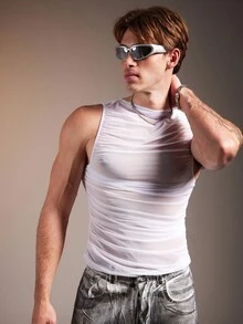 FeverCity Sexy Mesh Sheer, Ruched Design, Slim Fit Men's Tank Top - White - View 3