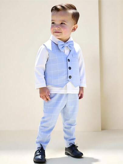 SHEIN 3pcs Toddler Boys Elegant Gentleman Outfit Set, Including Plaid Single-Breasted Vest, Elastic Waist Pants And Bowknot (Shirt Not Included), Suitable For Spring/Autumn, Daily, Outdoor, School, Party, Events And Photo Shoots, Baby Boy Clothing, Baby Boy Suit, Baby Boy Formal Wear, Baby Christening Outfit, Baby Formal Occasion Gentleman Attire Fall Winter