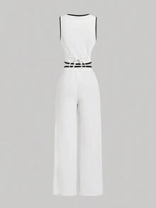 SHEIN MOD Vintage Two-Tone Trim Women Suit Set, Blazer And Outfit, Early Autumn - White - View 3